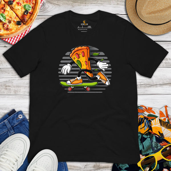 Streetwear Clothes - Gift Ideas, Presents For Foodies, Skaters & Junk Food Lovers - Pizza Shirts - Pizza Slice On A Skateboard T-Shirt - Black