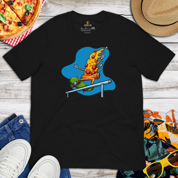 Streetwear Clothes - Gift Ideas, Presents For Foodies, Skaters & Junk Food Lovers - Pizza Shirts - Pizza Slice Riding A Skateboard Tee - Black