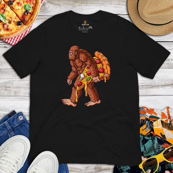Streetwear Wear & Clothes - Gift Ideas, Presents For Foodies, Junk Food Lovers - Pizza Shirts - Sasquatch Carrying Pizza Tee Shirt - Black