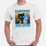Surfing Shirt - Beach Vacation Outfit, Attire - Gift for Surfer, Outdoorsman, Cat Lover - Surfing & Coffee Because Murder Is Wrong Tee - White, Men