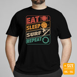 Surfing Shirt - Beach Vacation Outfit, Attire - Gift Ideas for Surfer, Outdoorsman, Nature Lovers - 80s Retro Eat Sleep Surf Repeat Tee - Black, Plus Size