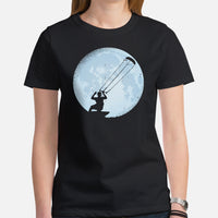 Surfing Shirt & Gear - Seaside & Beach Vacation Outfit, Attire - Gift for Surfer, Outdoorsman, Nature Lovers - Surf Over The Moon Tee - Black, Women