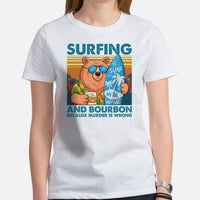 Surfing Shirt - Seaside & Beach Vacation Outfit, Attire - Gift for Surfer, Outdoorsman - Surfing & Bourbon Because Murder Is Wrong Tee - White, Women