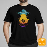 Surfing T-Shirt - Seaside, Beach Vacation Outfit, Attire - Gift Ideas for Surfer, Outdoorsman, Nature Lover - Retro Alien Abduction Tee - Black, Plus Size