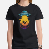 Surfing T-Shirt - Seaside, Beach Vacation Outfit, Attire - Gift Ideas for Surfer, Outdoorsman, Nature Lover - Retro Alien Abduction Tee - Black, Women
