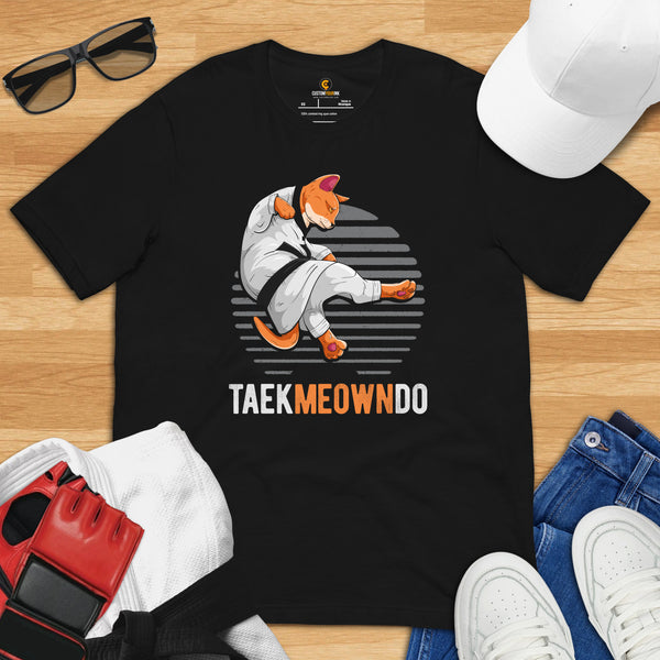 Taekwondo T-Shirt - TKD, Mixed Martial Arts Attire, Wear, Clothes, Outfit - Gifts for Fighters, Cat Lovers - Adorable Taekmeowndo Tee - Black