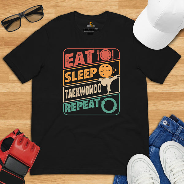 Taekwondo T-Shirt - TKD, Mixed Martial Arts Attire, Wear, Clothes, Outfit - Gifts for Fighters - Retro Eat Sleep Taekwondo Repeat Tee - Black