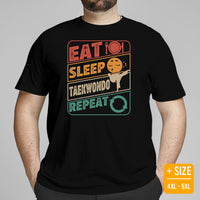 Taekwondo T-Shirt - TKD, Mixed Martial Arts Attire, Wear, Clothes, Outfit - Gifts for Fighters - Retro Eat Sleep Taekwondo Repeat Tee - Black, Plus Size