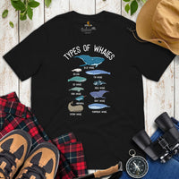 Whale Tail Shirt - Types of Whales T-Shirt - Save The Whales Shirt - Matching Beach & Cruise Vacation Tee Shirts - Gifts for Outdoorsmen - Black