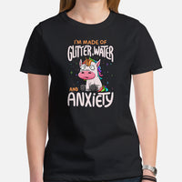 Unicorn Sarcastic Geek T-Shirt - I'm Made Of Glitter, Water & Anxiety Shirt - Fantasy Horse Tee - Gift for Mythical Creatures Lovers - Black, Women