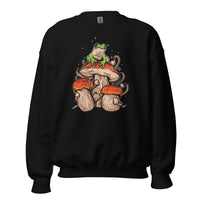 Mushroom & Frog Aesthetic Goblincore & Fairycore Sweatshirt - Cottagecore Mycology Pullover for Forager, Mushroom Hunter & Nature Lover - Black