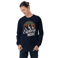 Explore More Boho Retro Aesthetic Sweatshirt - Hikecore Granola Mountain Themed Pullover for Wanderlust, Outdoorsy Camper & Hiker - Navy