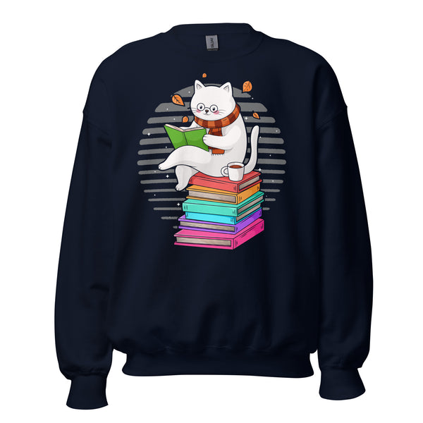 Purr-fect Book Lovers Gift Cute Cat Reading Book Sweatshirt - Adorable Cat Bookish Sweatshirt for Librarians, Cat and Book Enthusiasts - Navy