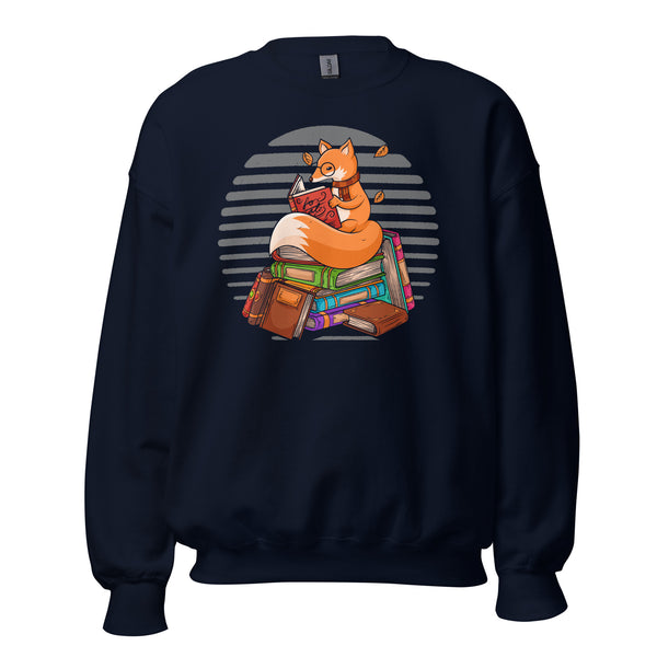 Ideal Book Lover Gift Cute Fox Reading Book Groovy Cozy Bookish Sweatshirt for Bookworms, Librarians, Fox and Nature Life Enthusiasts - Navy
