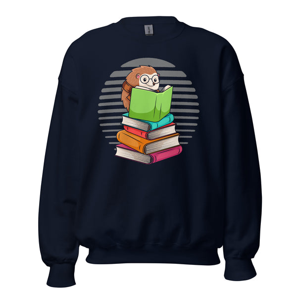 Ideal Book Lover Gift - Cute Hedgehog Reading Book Groovy Bookish Sweatshirt - Adorable Porcupine Sweatshirt for Bookworms, Librarians - Navy