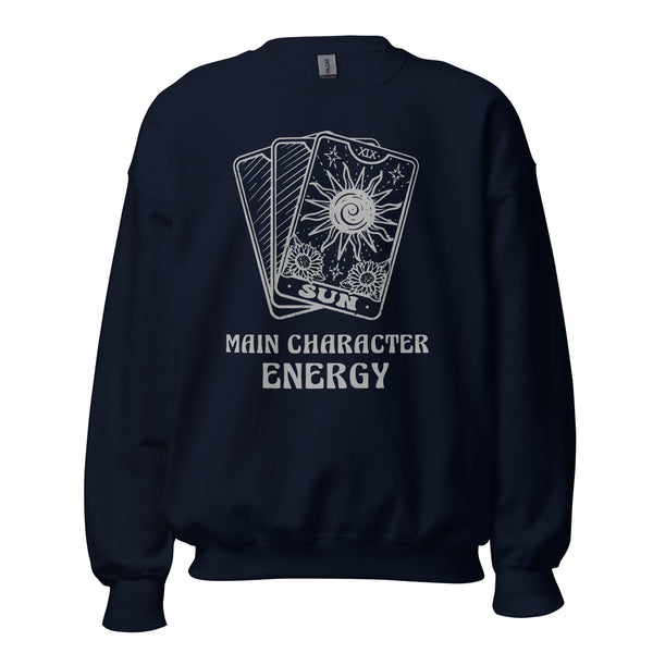 Book Lover Gift | Retro Main Character Energy Groovy Sweatshirt | Bookish Tarot Card Pullover for Bookworms, Librarians, Avid Readers - Navy