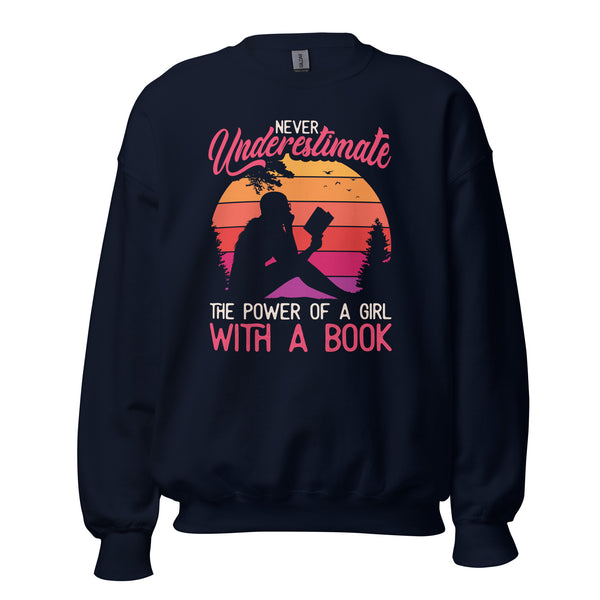 Ideal Book Nerd Gift for Book Lovers | Vintage Never Underestimate The Power of A Girl With A Book Groovy Cozy Bookish Sweatshirt - Navy