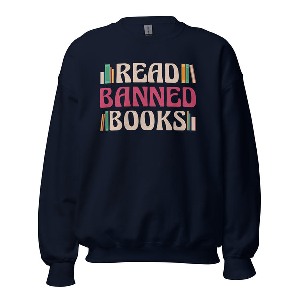 Ideal Bookish Gift for Book Nerds, Book Lovers | Retro Vintage Read Banned Books Groovy Cozy Sweatshirt for Bookworms, Avid Readers - Navy