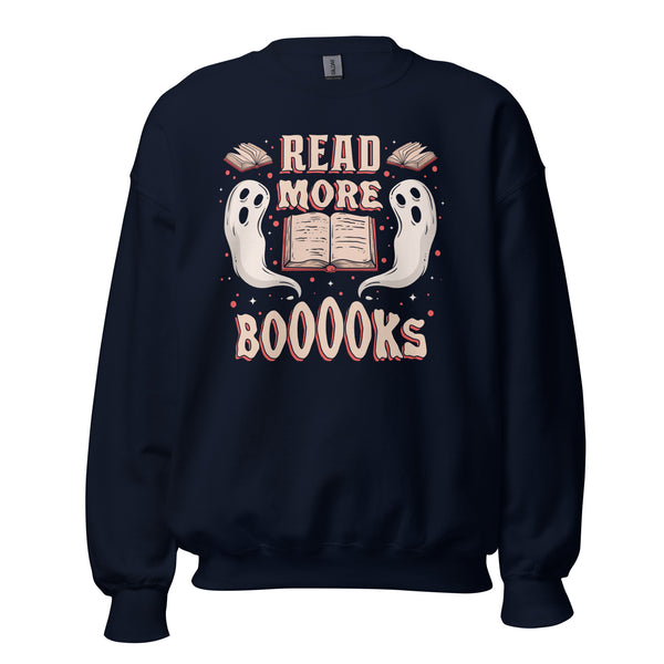 Halloween Book Nerd Shirt, Gift for Book Lovers - Read More Books Groovy Cozy Sweatshirt - Creepy Boo Bookish Pullover for Bookworms - Navy