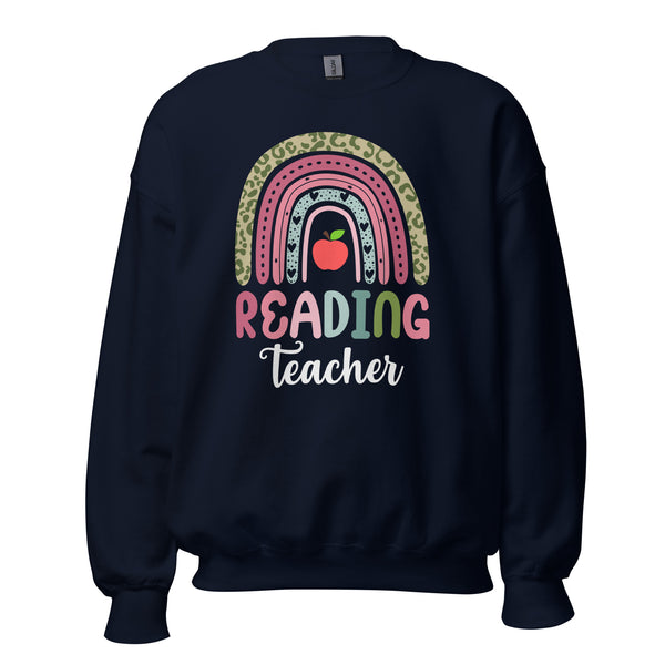 Reading Teacher Leopard Rainbow Bookish Cozy Sweatshirt - Reading Squad, Reading Crew Pullover for Book Lovers, Bookworms, Avid Readers - naVY