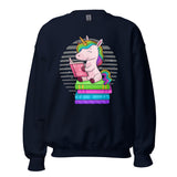 Gift for Book Lovers, Book Nerds - Cute Unicorn Reading Book Groovy Cozy Bookish Sweatshirt for Bookworms, Avid Readers, Librarians - Navy