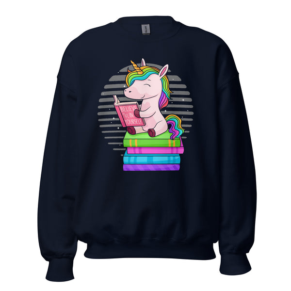 Gift for Book Lovers, Book Nerds - Cute Unicorn Reading Book Groovy Cozy Bookish Sweatshirt for Bookworms, Avid Readers, Librarians - Navy