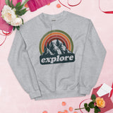 Explore Boho Retro Aesthetic Groovy Sweatshirt - Hikecore Granola Mountain Themed Pullover for Wanderlust, Outdoorsy Camper & Hiker - Sport Grey