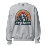 Explore Boho Retro Aesthetic Groovy Sweatshirt - Hikecore Granola Mountain Themed Pullover for Wanderlust, Outdoorsy Camper & Hiker - Sport Grey