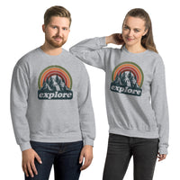 Explore Boho Retro Aesthetic Groovy Sweatshirt - Hikecore Granola Mountain Themed Pullover for Wanderlust, Outdoorsy Camper & Hiker - Sport Grey