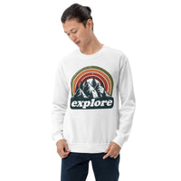 Explore Boho Retro Aesthetic Groovy Sweatshirt - Hikecore Granola Mountain Themed Pullover for Wanderlust, Outdoorsy Camper & Hiker - White