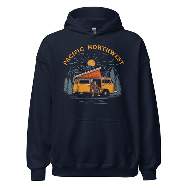 Sasquatch, Yeti Hoodie for Camping Crew & Squad, RV Camper & Wilderness Enthusiast - Vintage Pacific Northwest Park Bigfoot Cozy Hoodie - Navy