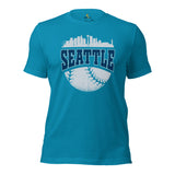 Vintage Seattle Skyline Baseball Fanatic Shirt: Gift Ideas for Him & Her, Baseball Lovers & Enthusiasts - Retro Style Game Day Tee - Aqua