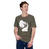 Buck & Deer Hunting T-Shirt - Gift for Hunter, Bow Hunter & Archer - Elk Hunting Season Shirt - Buck Antler Wisconsin Map Themed Shirt - Army