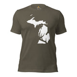 Buck & Deer Hunting T-Shirt - Gift for Hunter, Bow Hunter & Archer - Elk Hunting Season Shirt - Buck Antlers Michigan Map Themed Shirt - Army