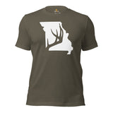 Buck & Deer Hunting T-Shirt - Gift for Hunter, Bow Hunter & Archer - Elk Hunting Season Shirt - Buck Antler Missouri Map Themed Shirt - Army