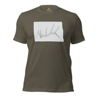 Buck & Deer Hunting T-Shirt - Gift for Hunter, Bow Hunter & Archer - Elk Hunting Season Tee - Buck Antler North Dakota Map Themed Shirt - Army