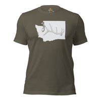 Buck & Deer Hunting T-Shirt - Gift for Hunter, Bow Hunter & Archer - Elk Hunting Season Tee - Buck Antler Washington Map Themed Shirt - Army