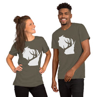 Buck & Deer Hunting T-Shirt - Gift for Hunter, Bow Hunter & Archer - Elk Hunting Season Shirt - Buck Antler Wisconsin Map Themed Shirt - Army, Unisex