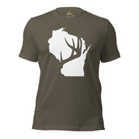 Buck & Deer Hunting T-Shirt - Gift for Hunter, Bow Hunter & Archer - Elk Hunting Season Shirt - Buck Antler Wisconsin Map Themed Shirt - Army