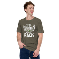 Hunting T-Shirt - Gifts for Hunters, Bow Hunters & Archers - Duck, Buck & Deer Hunting Season Tee - Stop Staring At My Rack Shirt - Army