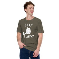 Cat Themed Clothes & Attire - Funny Cat Dad & Mom Tee Shirts - Gift Ideas, Presents For Cat Lovers & Owners - Stay Classy T-Shirt - Army