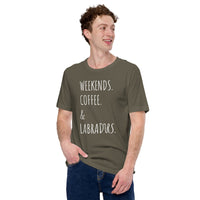 Labrador Dog Themed Clothes - Funny Canine Tee Shirts For Humans - Gifts for Coffee & Dog Lovers - Weekends, Coffee & Labradors T-Shirt - Army