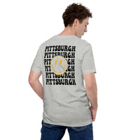 Happy Smiley Face Emoji T-Shirt - Pittsburgh Football Fanatic Vintage Graphic Shirt: Gift for Him & Her, Football Fans - Athletic Heather, Back