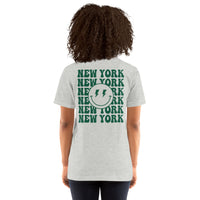 Happy Smiley Face Emoji T-Shirt - New York Football Fanatic Vintage Graphic Shirt: Gift for Him & Her, Football Fans - Athletic Heather, Women, Back