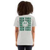 Happy Smiley Face Emoji T-Shirt - New York Football Fanatic Vintage Graphic Shirt: Gift for Him & Her, Football Fans - Athletic Heather, Women, Back