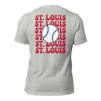 Retro St. Louis Baseball Emblem Fanatic T-Shirt: Gift Ideas for Him & Her, Baseball Enthusiasts & Lovers - Game Day Tee - Athletic Heather, Back