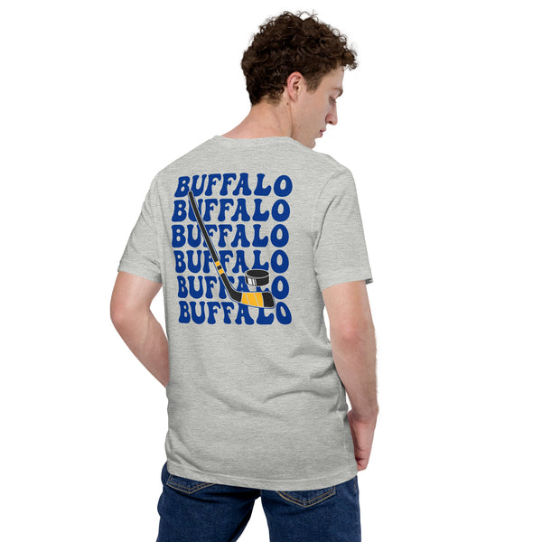 Hockey Game Outfit - Bday & Christmas Gift Ideas for Hockey Players - Retro Buffalo Hockey Emblem Fanatic T-Shirt - Athletic Heather, Back