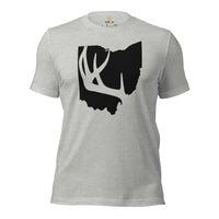 Buck & Deer Hunting T-Shirt - Gift for Hunter, Bow Hunter & Archer - Elk Hunting Season Tee - Buck Antler Ohio Map Themed Shirt - Athletic Heather