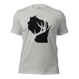 Buck & Deer Hunting T-Shirt - Gift for Hunter, Bow Hunter & Archer - Hunting Season Tee - Buck Antler Wisconsin Map Themed Shirt - Athletic Heather