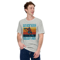 Hockey Game Outfit & Attire - Ideal Bday & Christmas Gifts for Hockey Players - Never Underestimate An Old Man With A Hockey Stick Tee - Athletic Heather